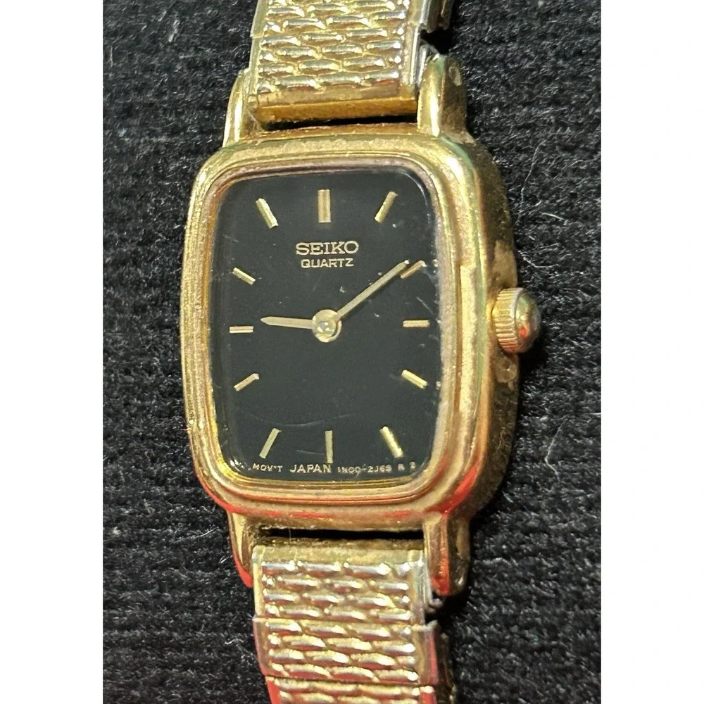 Vintage Seiko Watch Women Golden 1N00-5K29 Black‎ Dial Stretch Japan New Battery